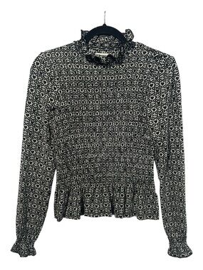 Sandro Blouse Women’s Size 0 Black Monogram Print Mockneck Smocked Top